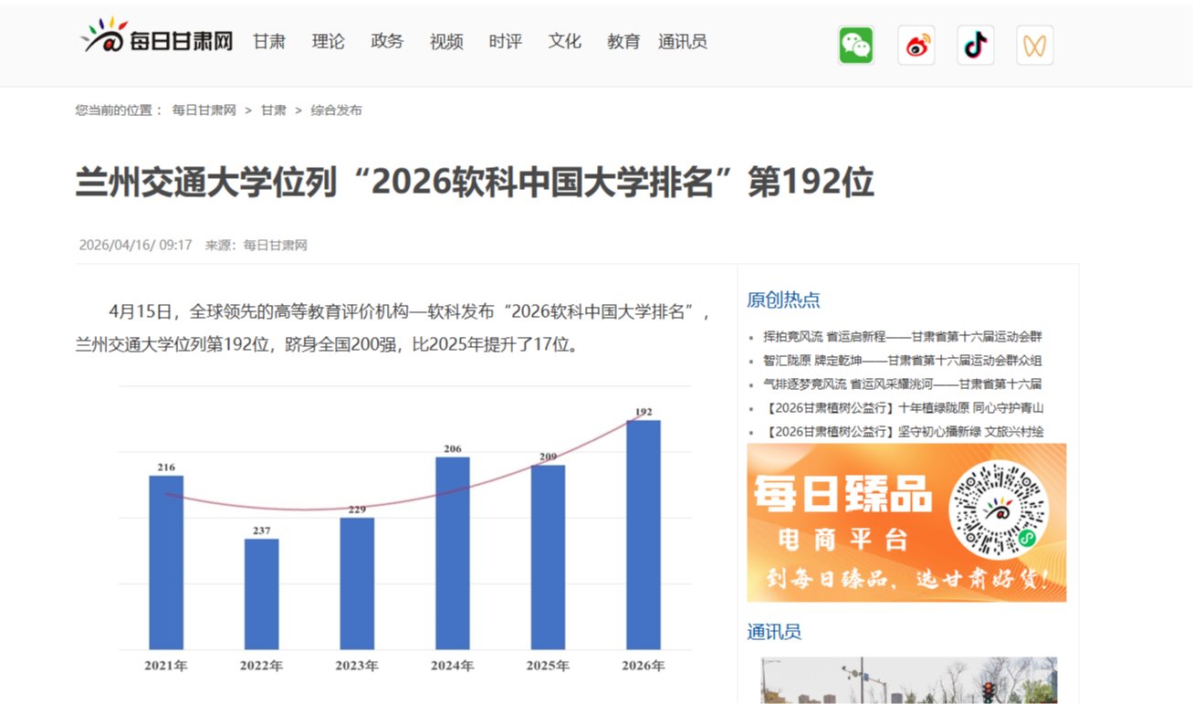 【每日甘肃网】兰州交通大学位列“2026软科中国大学排名”第192位